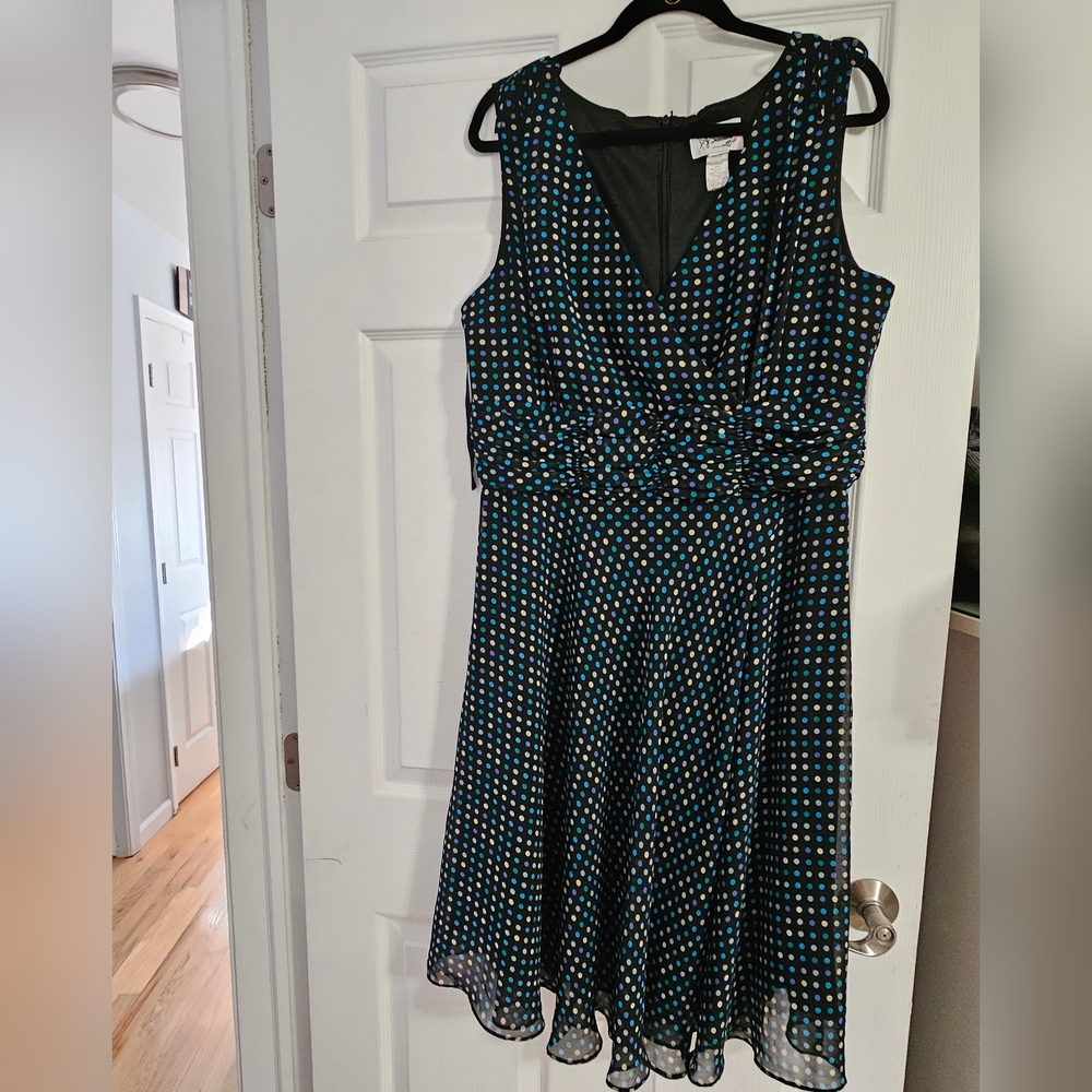 Vintage 18 Faux Wrap Black Blue Green Polka Dot Sleeveless Midi Dress Chiffon